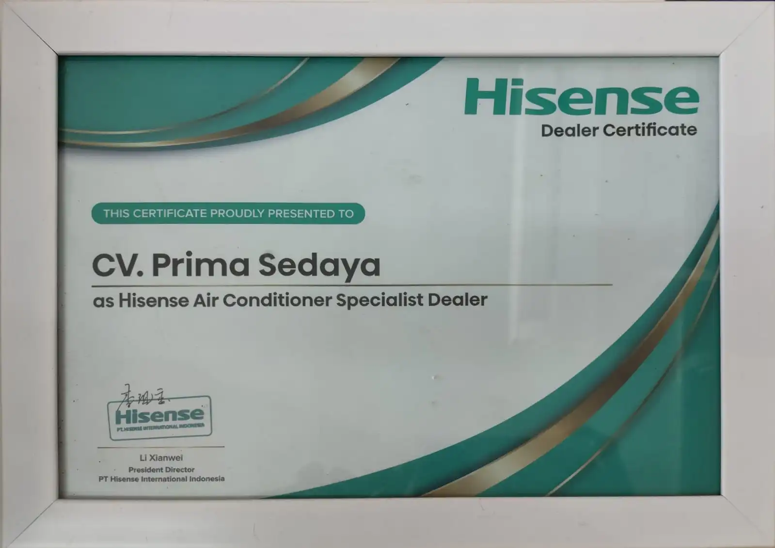 Sertifikat resmi dealer Hisense untuk Radja AC