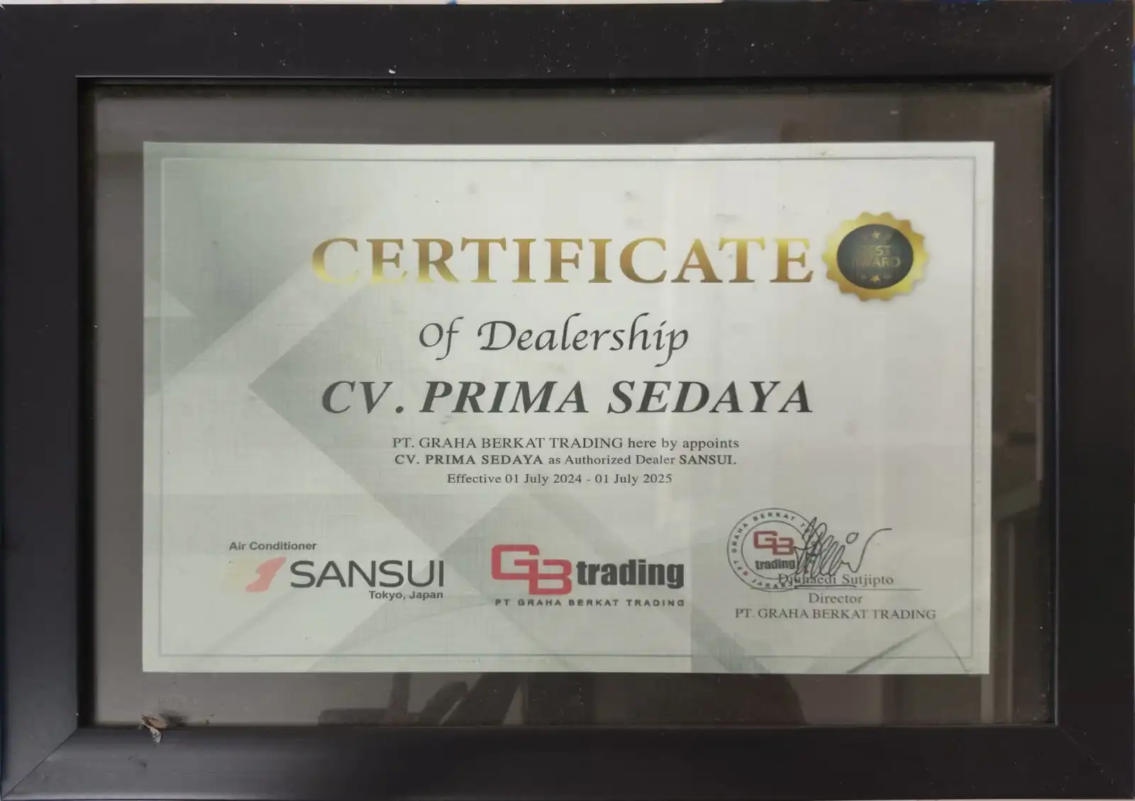 Sertifikat resmi dealer Sansui untuk Radja AC