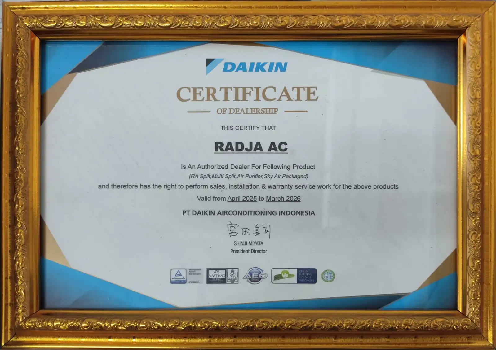 Sertifikat Authorized Dealer Daikin Radja AC